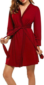 Kimono da bagno estivo con collo V e maniche corte in cotone morbido 3/4, badjas saunabagno negligé rossa