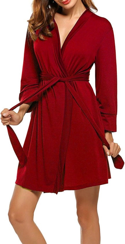 Kimono da bagno estivo con collo V e maniche corte in cotone morbido 3/4, badjas saunabagno negligé rossa