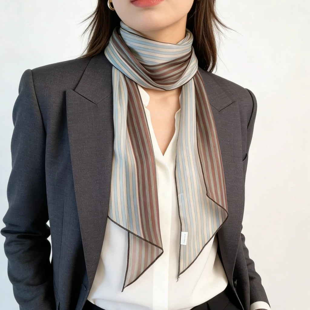 Sciarpa piccola, leggera e monostrato, ideale per la primavera e l'estate, con bordi arrotolati, nastro in chiffon lungo e sottile, sciarpa stretta in seta