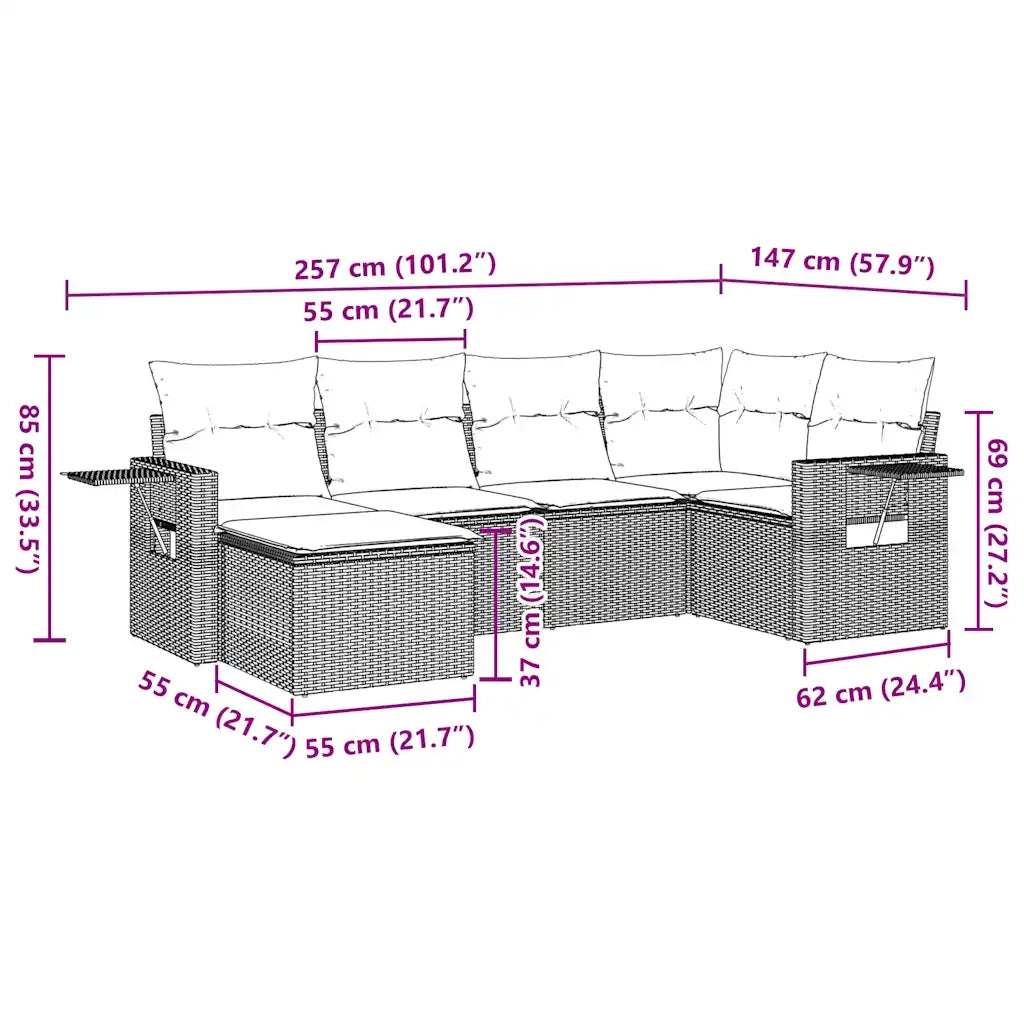 Set Divano da Giardino 6 pz con Cuscini Marrone in Polyrattan