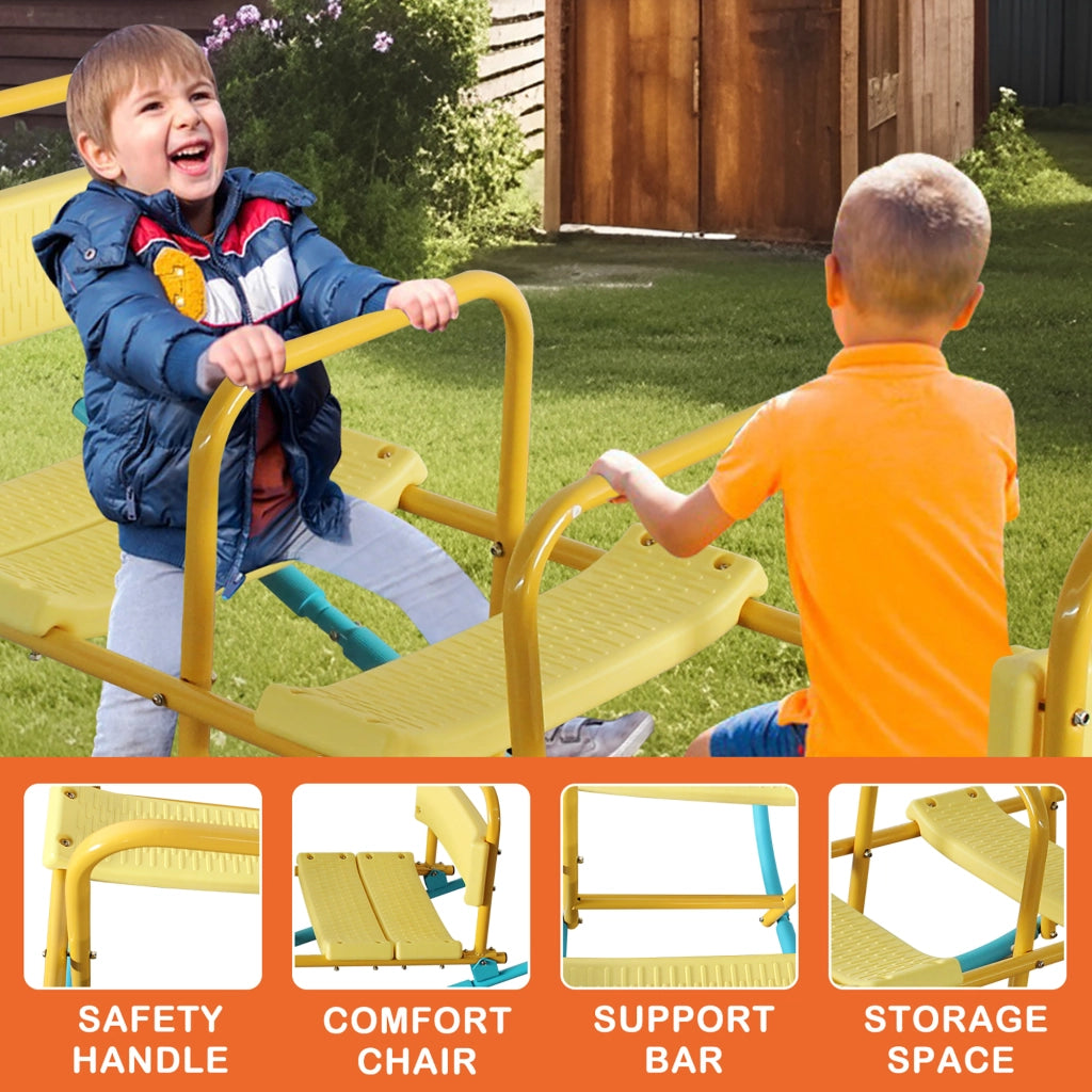 Bilico a tre posti per bambini con struttura in metallo rinforzato e sedute comode blu e giallo per interno e giardino