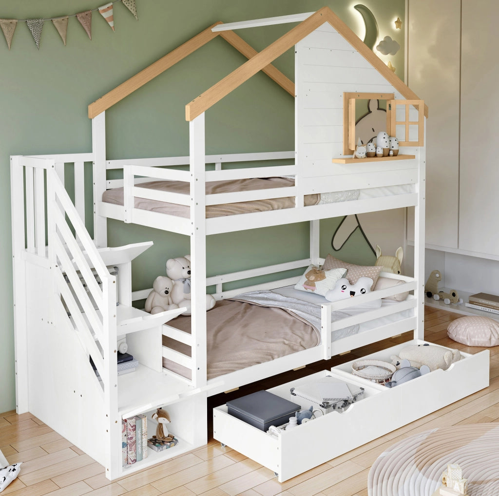 Letto a castello in legno 90x200 cm con scale contenitive e cassetti