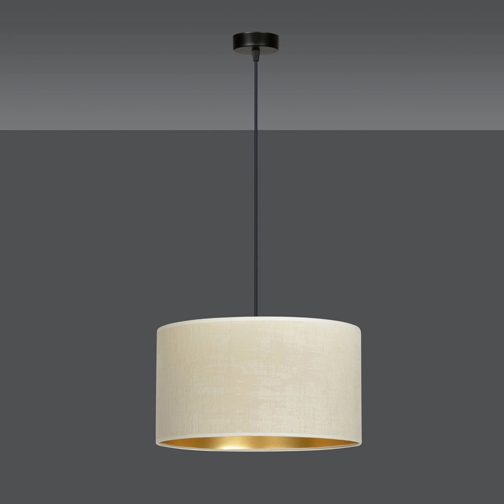 Sospensione 1 Luce Ganesha In Acciaio Nero E Paralume In Tessuto Beige