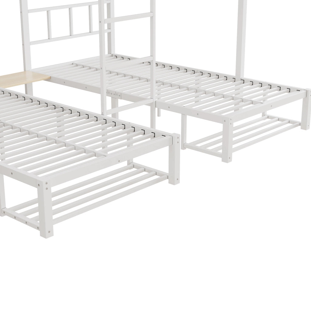 Letto a castello in metallo con 3 posti letto; 140x200 e 2x90x200 cm; bianco e naturale