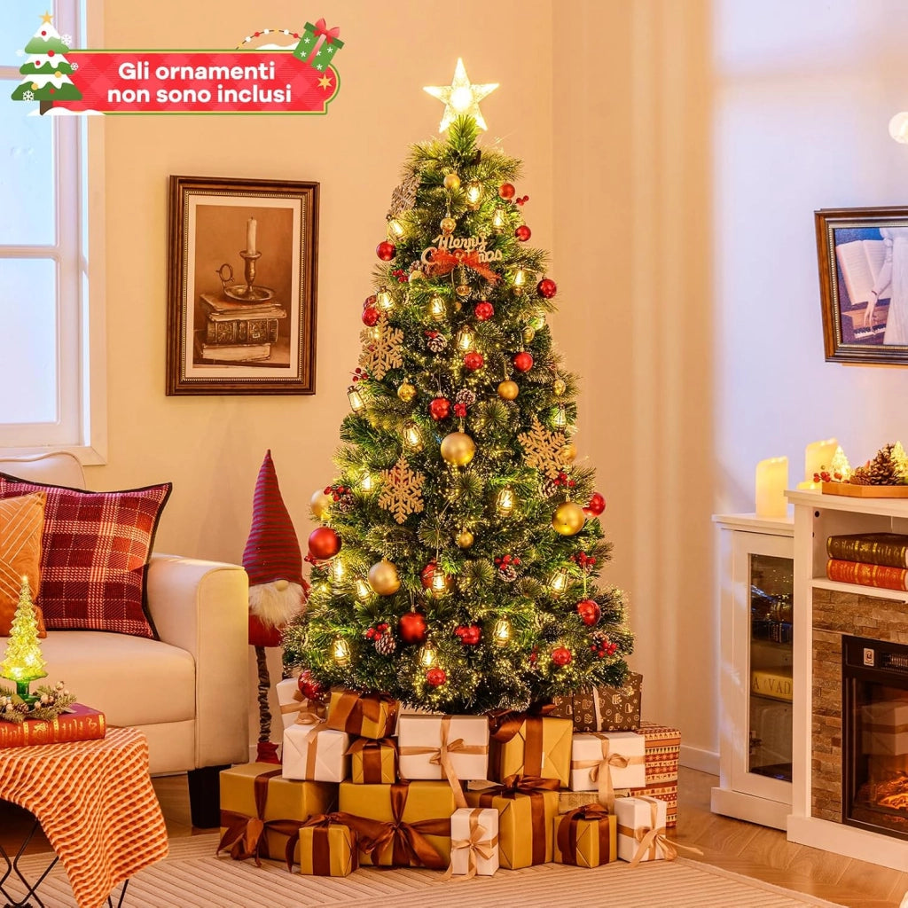 Albero di Natale 180CM, Albero di Natale con 64 Luci LED, Fibre Ottiche, 8 Modalità di Illuminazione e 220 Rami, Ago di Pino, Pigne, Bacche Rosse e Lampade a Paraffina (180 CM)