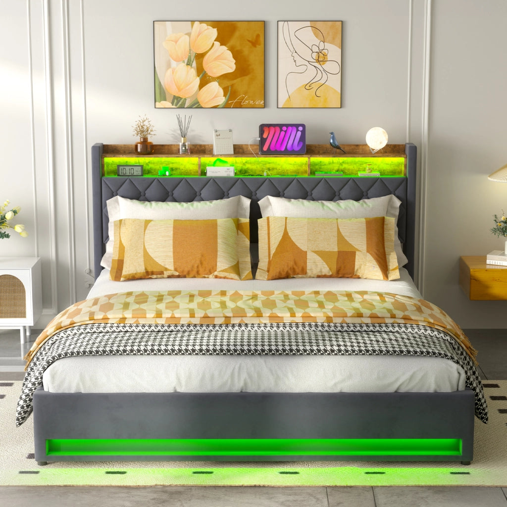LETTO Imbottito 180 x 200 cm in Velluto Grigio con LED, USB e Contenitore