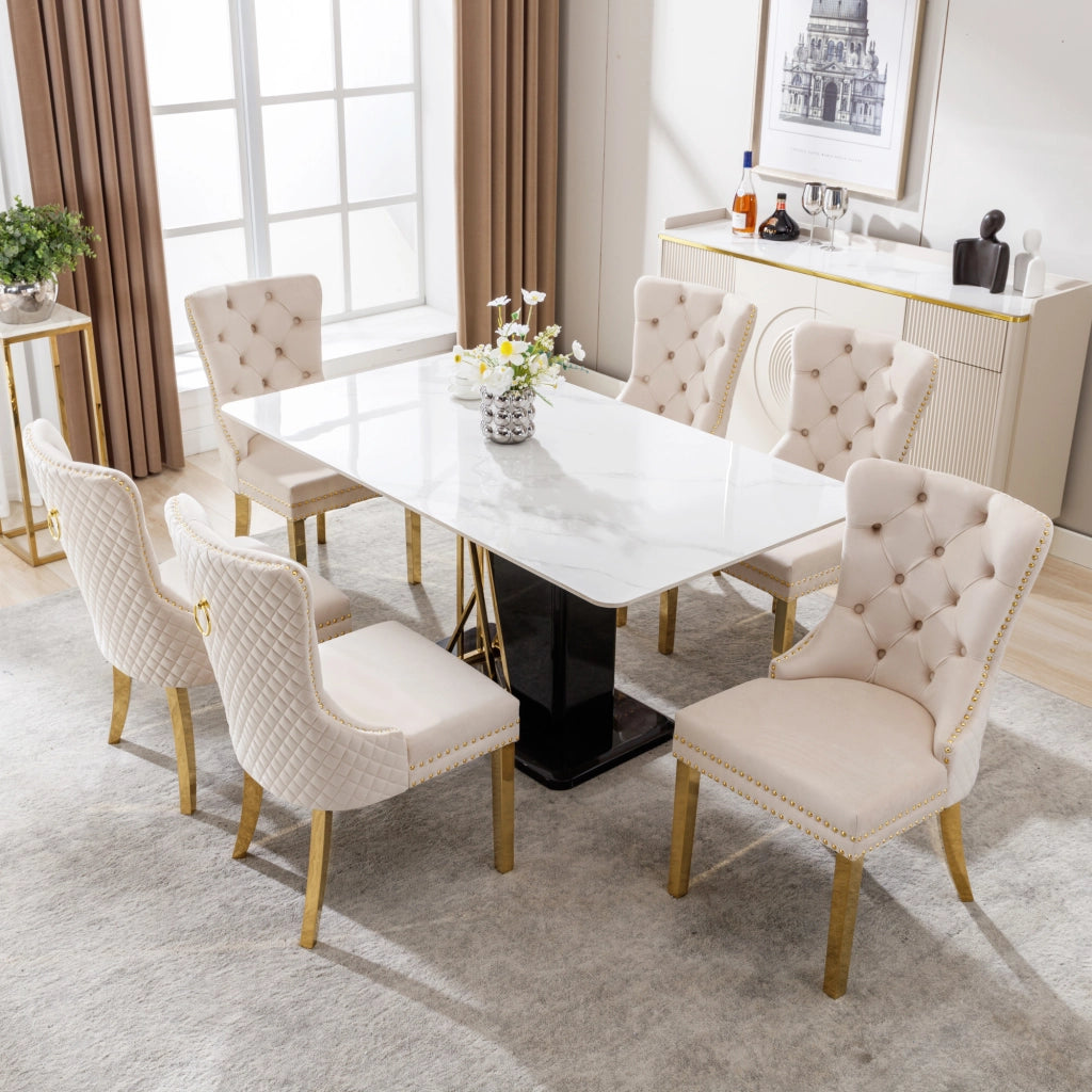 Set di 6 Sedie da Pranzo; con Anello sullo Schienale e Borchie Decorative; Velluto; Beige