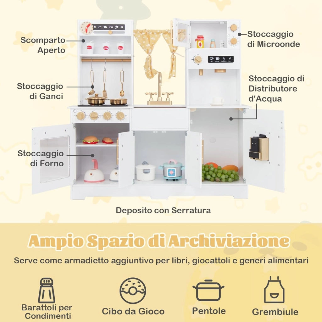Cucina Giocattolo per Bambini, Cucina per Bambini in Legno con Forno, Microonde, Macchina da Caffè, Macchina del Ghiaccio, Lavello e Rubinetto, con Luci e Suoni per Bambini di 3+ Anni (Bianco)