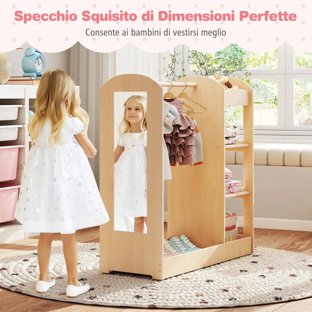 Guardaroba per Bambini in Legno, Mobile per Bambini con Specchio, Appendiabiti e Mensole, Armadio di Stoccaggio per Cameratta, 93,5 x 38 x 100 cm (Naturale)