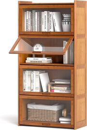 Libreria a 4 ripiani in bambù con ante apribili in acrilico trasparente, 69 x 34 x 140 cm, mobile ausiliario per soggiorno, cucina, camera da letto (marrone)