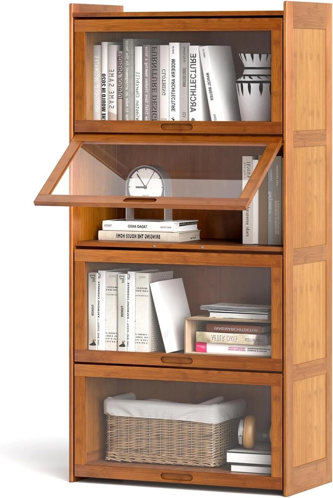 Libreria a 4 ripiani in bambù con ante apribili in acrilico trasparente, 69 x 34 x 140 cm, mobile ausiliario per soggiorno, cucina, camera da letto (marrone)