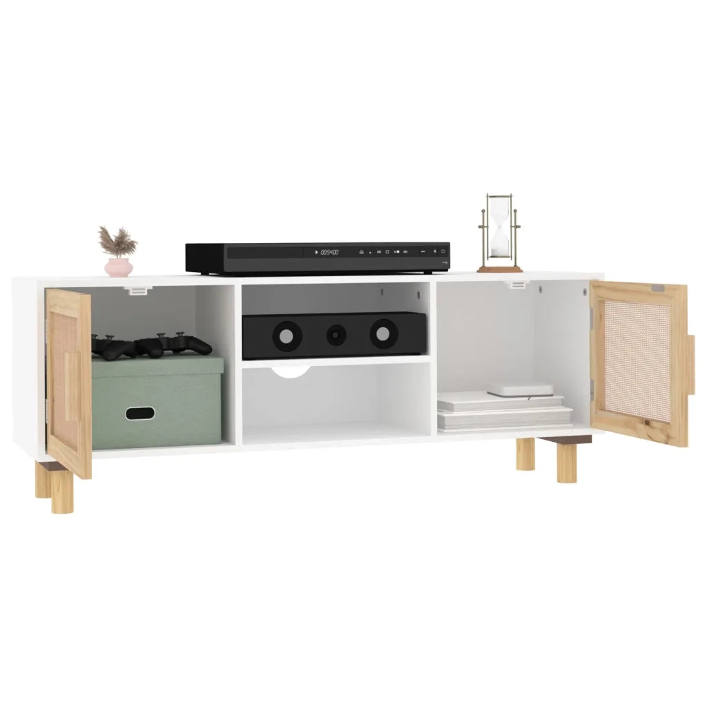 Mobile TV Bianco 105x30x40 cm Massello Pino e Rattan Naturale 345615