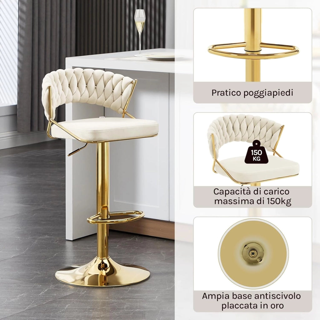 Sgabelli da Cucina Set di 2, Sgabelli da Bar Girevoli Altezza Regolabile con Schienale e Poggiapiedi, Velluto, Crema