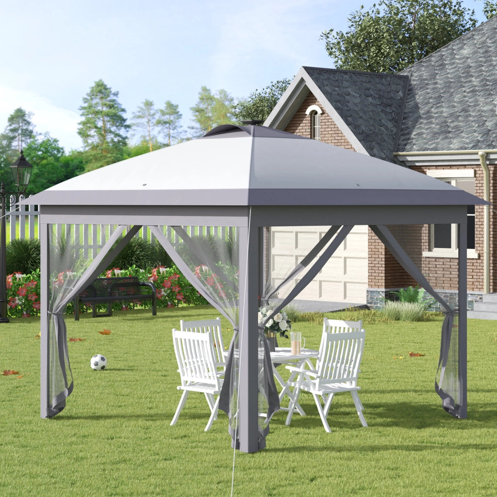 Gazebo pieghevole 3.3x3.3m con LED USB fenestrabile pareti laterali a rete protezione solare tessuto oxford colore grigio ideale per feste in giardino