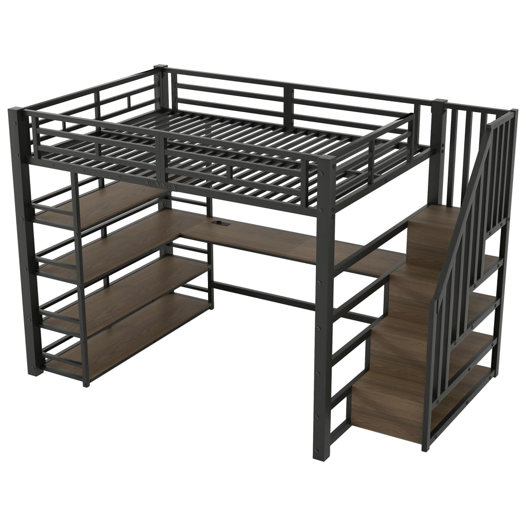 Letto a soppalco 140x200 cm con scrivania; scala contenitore; stazione USB e illuminazione LED; metallo nero