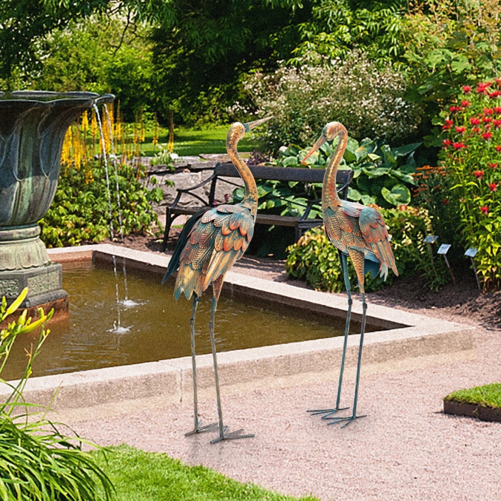 Set di 2 statue di gru da giardino con struttura in metallo, Statue di scultura di gru in piedi per cortile
