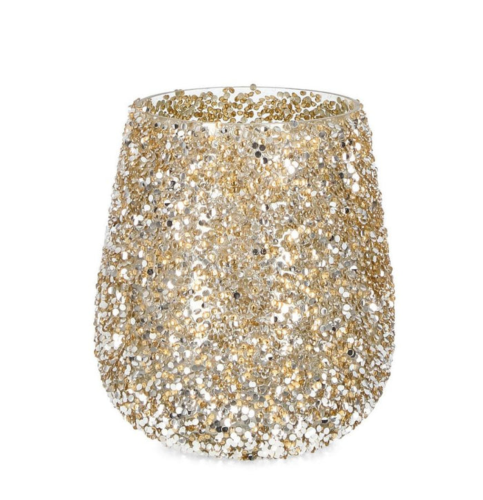 PORTACANDELA VETRO CON BRILLANTINI ORO D13,5X15H