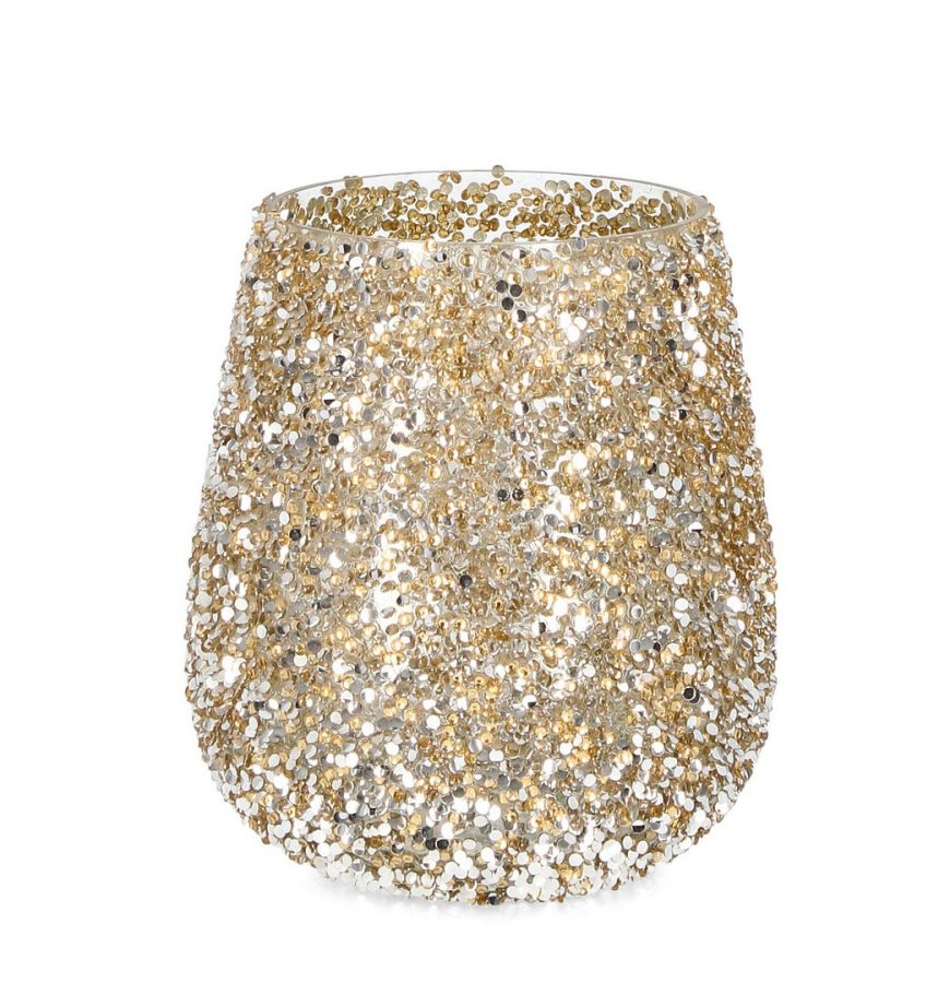 PORTACANDELA VETRO CON BRILLANTINI ORO D13,5X15H
