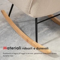 Poltrona a Dondolo Imbottita in Legno e Acciaio per Soggiorno e Camera da Letto, 71x98x101 cm, Beige
