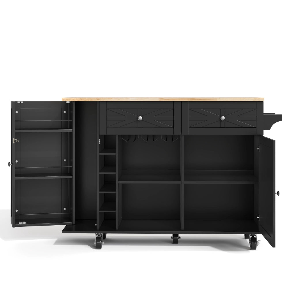 Isola cucina con piano ribaltabile, 1 porta, 2 cassetti, ruote bloccabili, nero, 120 x 45(70) x 89 cm