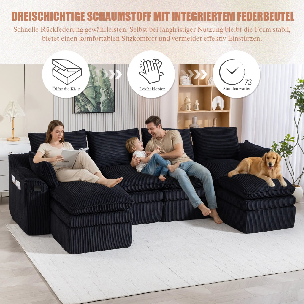 Divano modulare 4 posti in velluto a coste con cuscini e tasche laterali per soggiorno, nero 335 × 167 × 85 cm