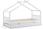 Letto montessori bambini Design, Bianco, 90x200 cm con letto per ospiti, con sponda anticaduta e rete a doghe per un sonno sicuro