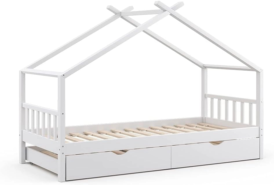 Letto montessori bambini Design, Bianco, 90x200 cm con letto per ospiti, con sponda anticaduta e rete a doghe per un sonno sicuro
