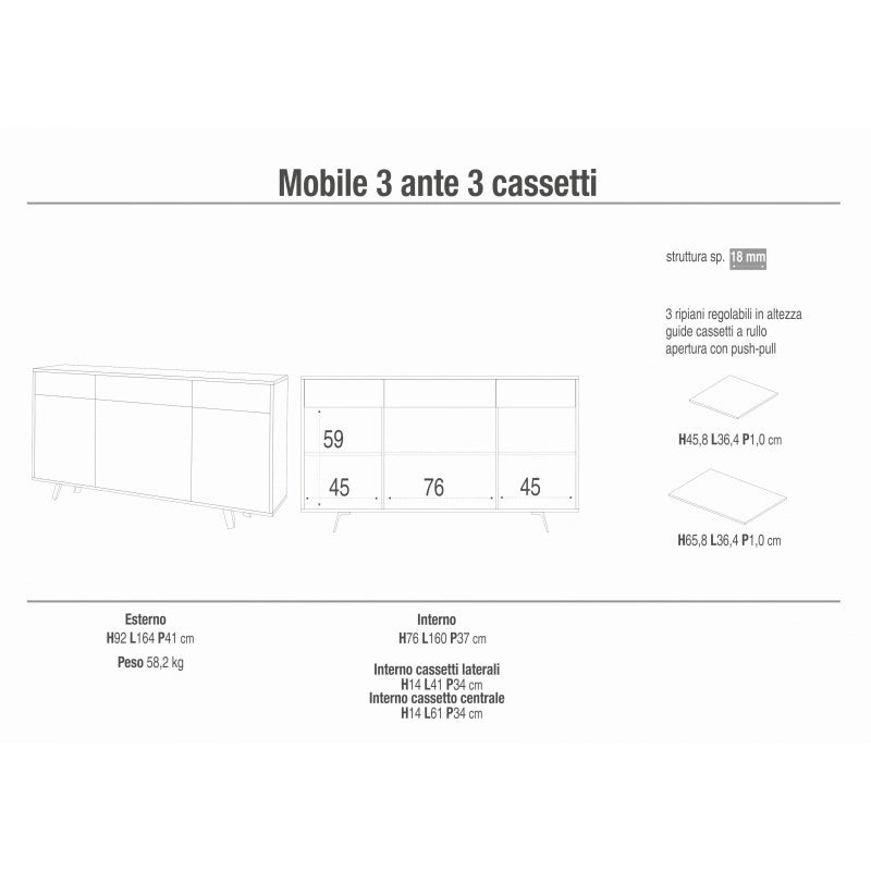 Mobile 3 Ante 3 Cassetti 164L x 41P x h92 – Finitura Nero Opaco e Ruggine – Sarmog