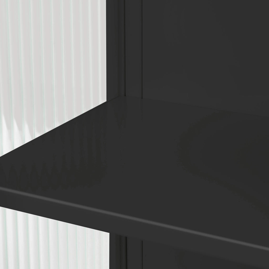Credenza murale moderna in vetro e metallo nero con doppia anta