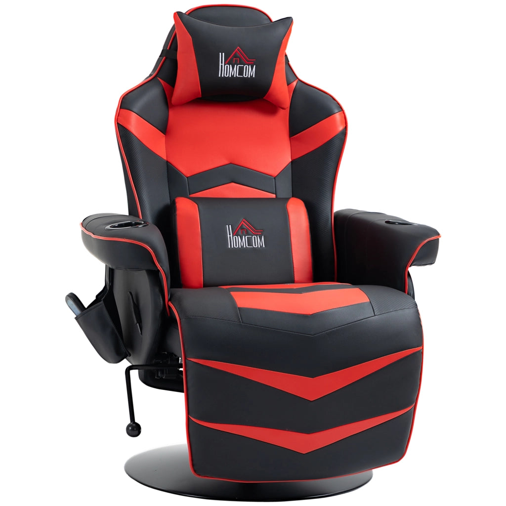 Sedia da Gaming Massaggiante con Poggiapiedi e Cuscino, in Finta Pelle, 78x80x111.5 cm, Nero e Rosso