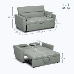 Divano letto 2 posti con schienale regolabile e cuscini vano contenitore in tessuto grigio chiaro 155 × 90 × 88,5 cm
