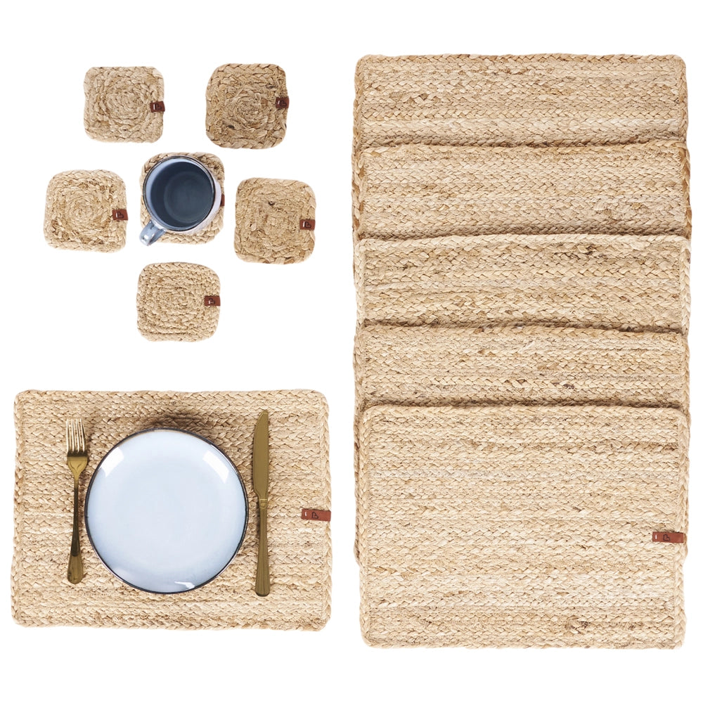 Set di 12 tovagliette e sottobicchieri rettangolari in iuta naturale fatti a mano 30 x 40/10 x 10 cm naturale stile boho