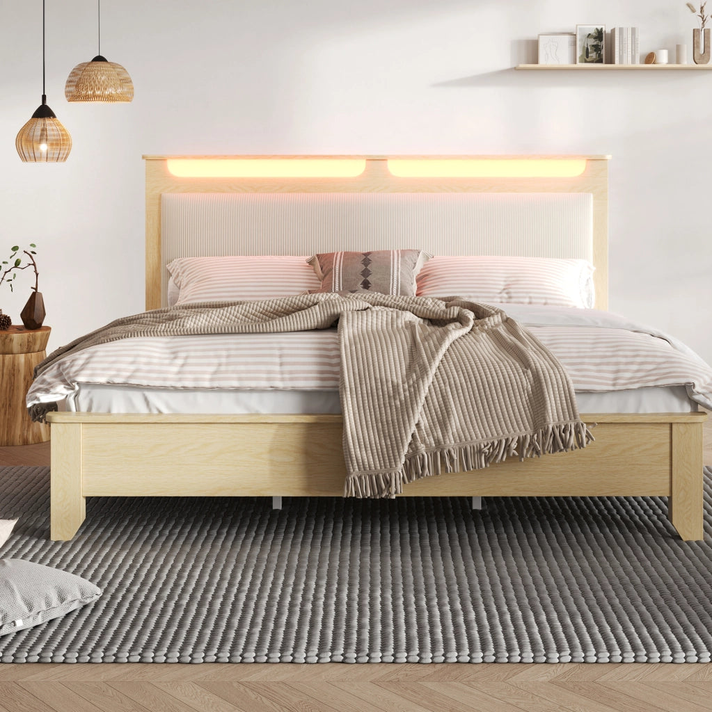 Letto matrimoniale 160x200 cm in effetto rovere chiaro e corduroy beige con LED e contenitore