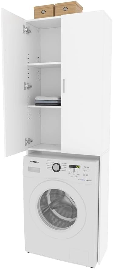 Mobile porta lavatrice Martha, Bianco, 64 x 190 cm con 2 ante lunghe, per la conservazione di detersivi e accessori da bagno