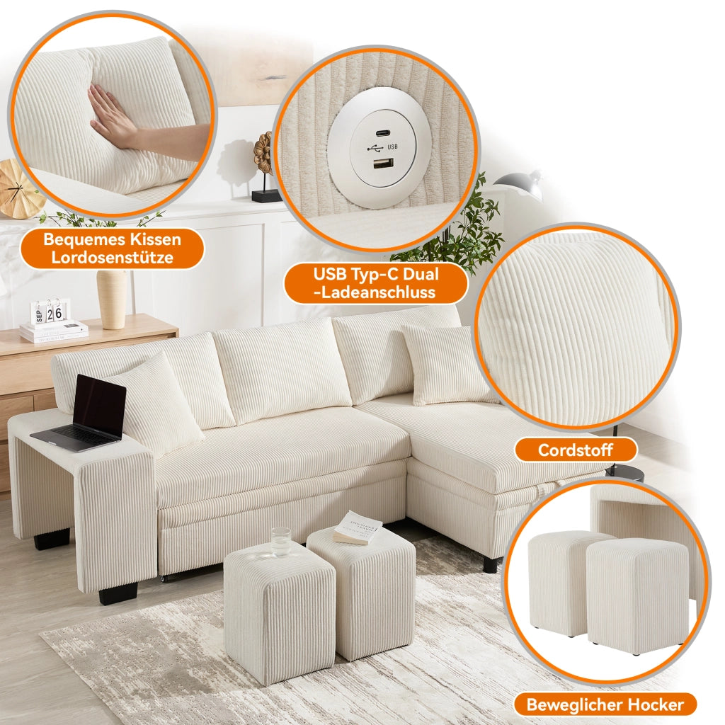 Divano Letto Angolare Convertibile con Contenitore; USB e Tipo C; Ripiano Laterale; in Velluto a Coste Beige