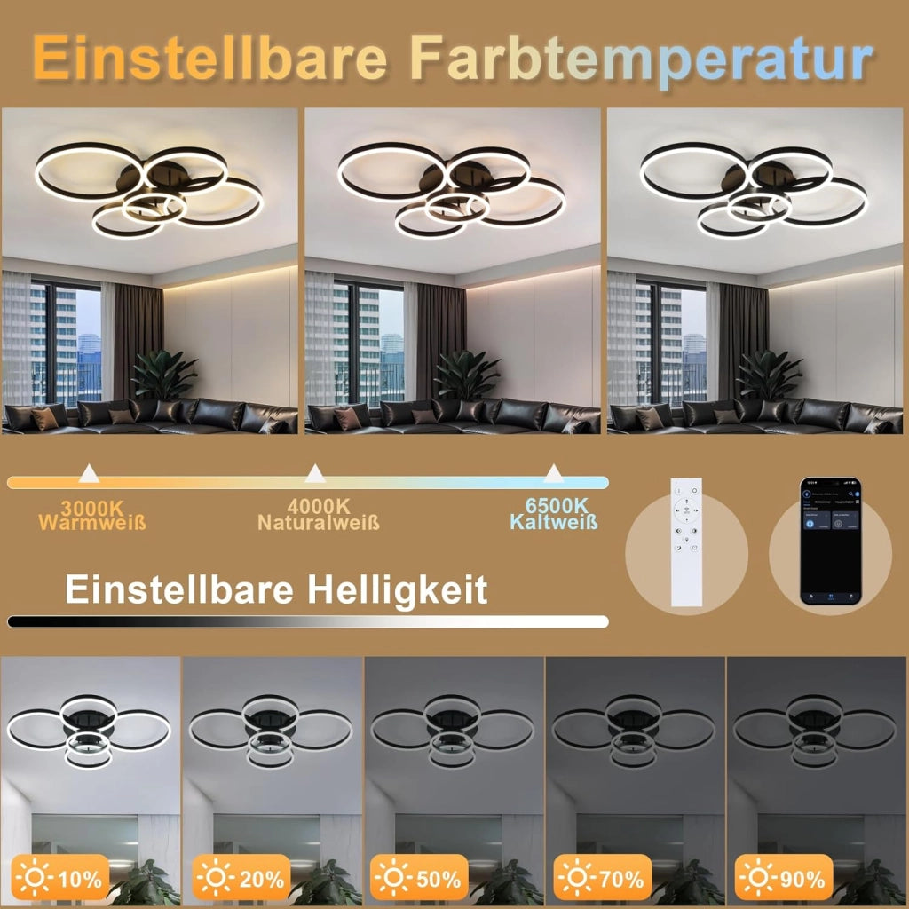 ZMH Lampada da soffitto plafoniera LED 78W nera dimmerabile telecomando 5 anelli per soggiorno camera letto