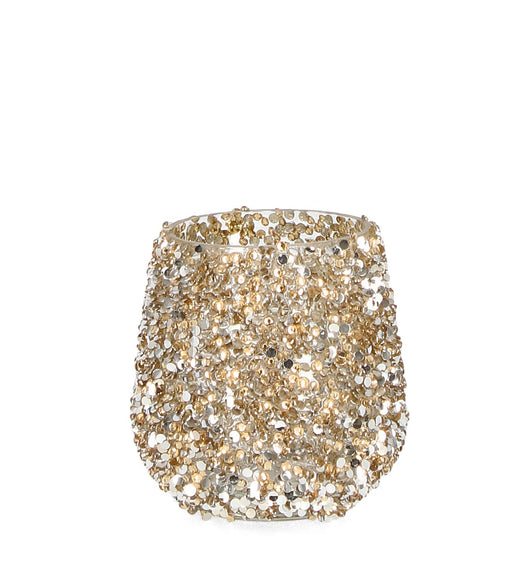 PORTACANDELA VETRO CON BRILLANTINI ORO D8X8H CM