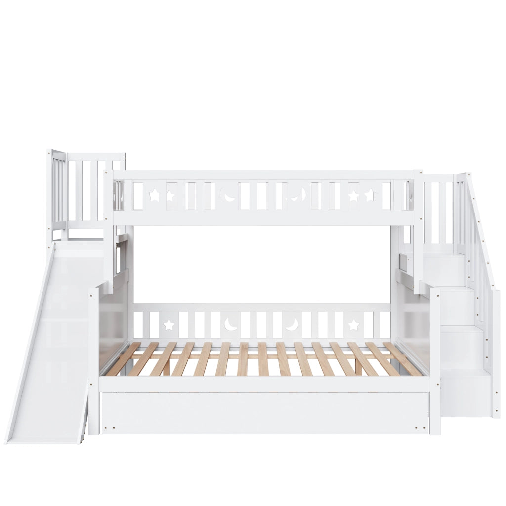 OKWISH Letto a Castello 90×200 cm e 140×200 cm, Letto 3 Posti con Contenitori, Letto Estraibile, Scala e Scivolo, senza Materasso, Bianco