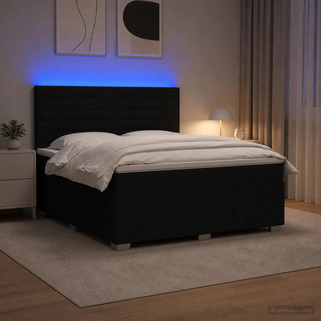 Letto Box Spring LED con Materasso Nero 160 x 200 cm Tessuto 3455635