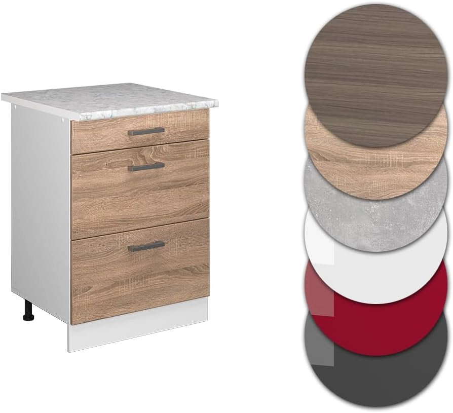 Base universale R-Line, Sonoma, 60 cm con cassetti, adatto per la conservazione di accessori per la pulizia e per la casa