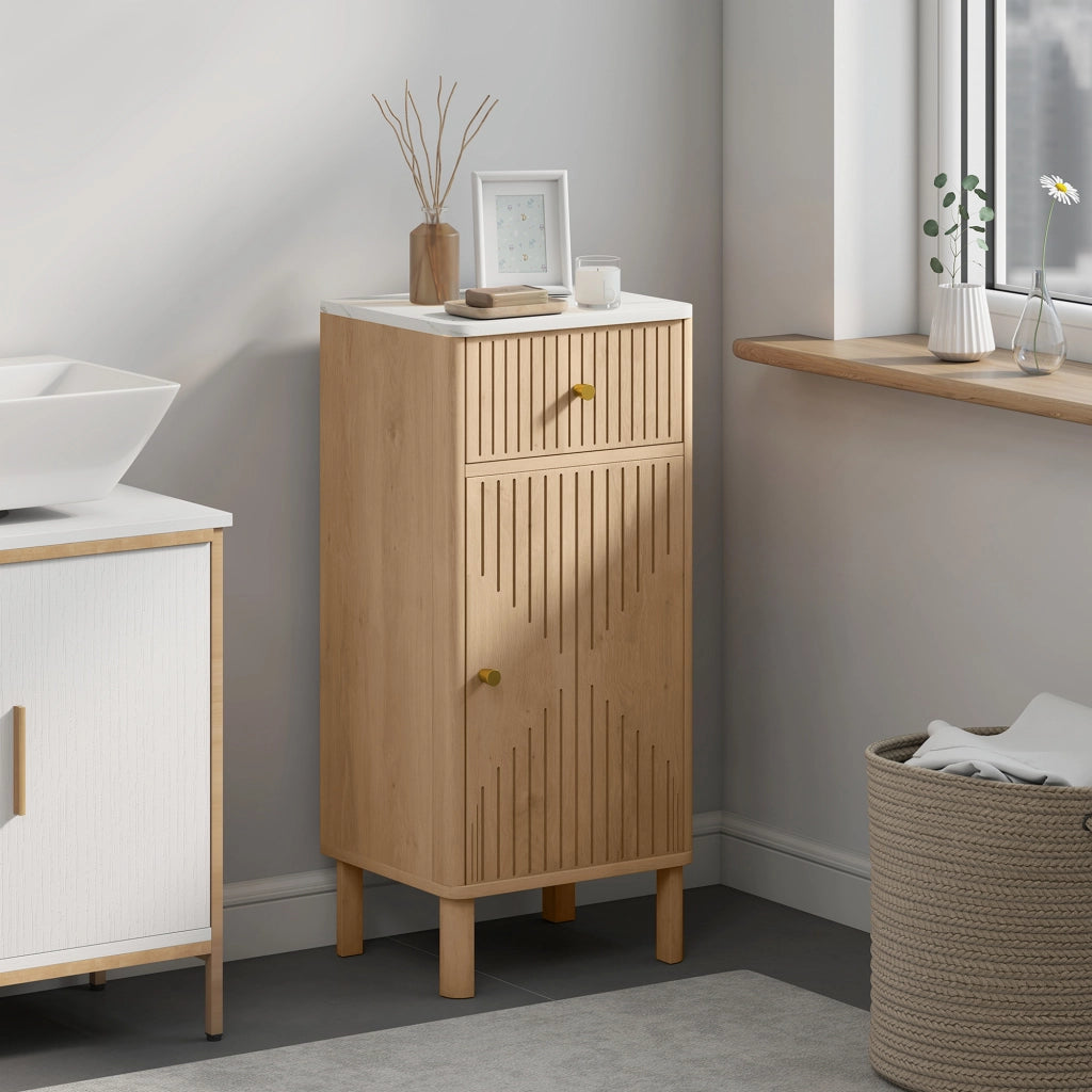 Mobiletto Bagno con Piano Effetto Marmo e Anta Scanalata ¨C Zephmum ¨C 36x30x80 cm Quercia
