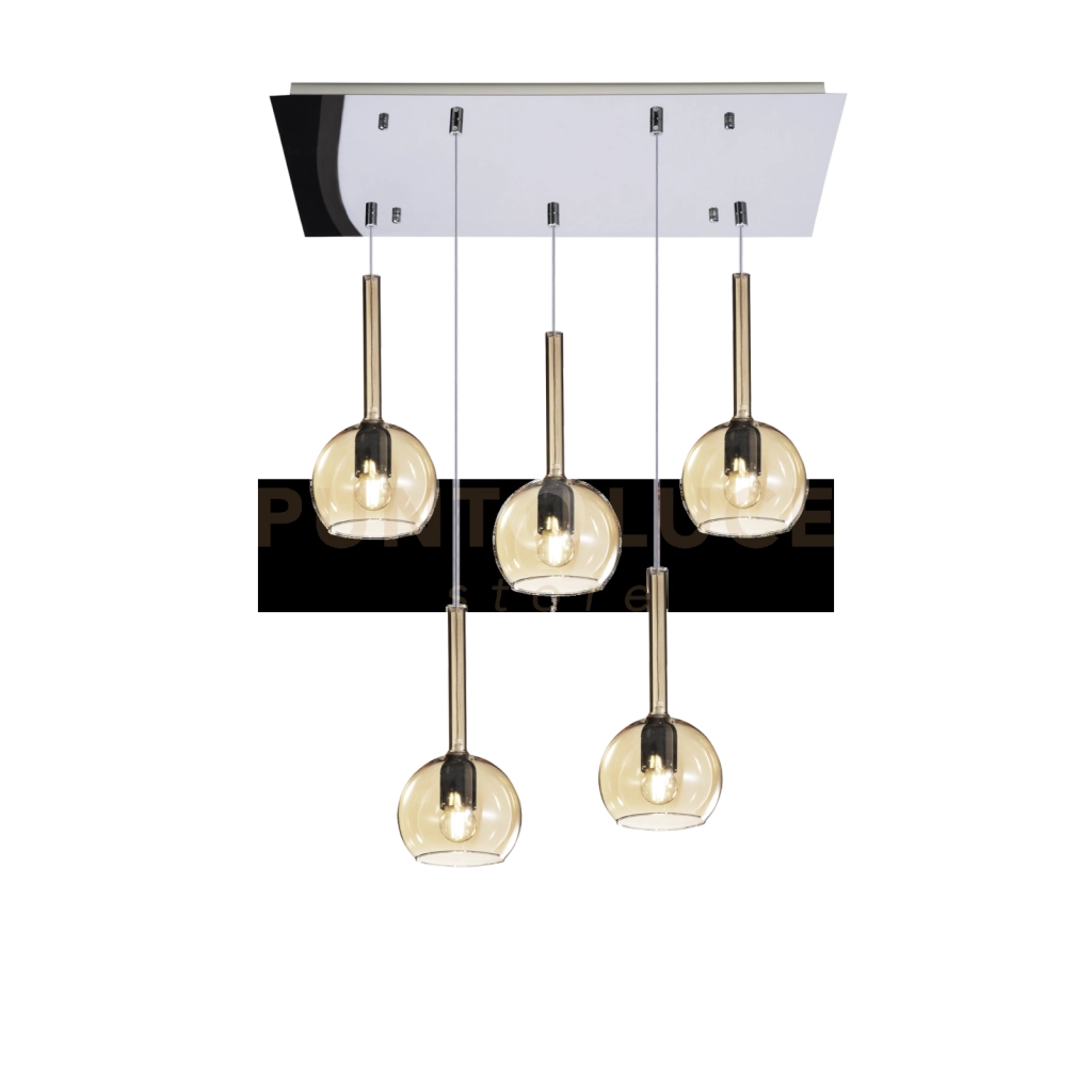 SOSP. CROMO RETTANGOLARE 5 LUCI VETRI TUTTI PICCOLO AMBRA 1155CR-S5 RP-AM