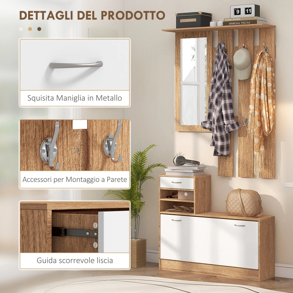 Mobile Guardaroba per Ingresso con Specchio Appendiabiti e Scarpiera Regolabile 90x24x177 cm Bianco e Noce