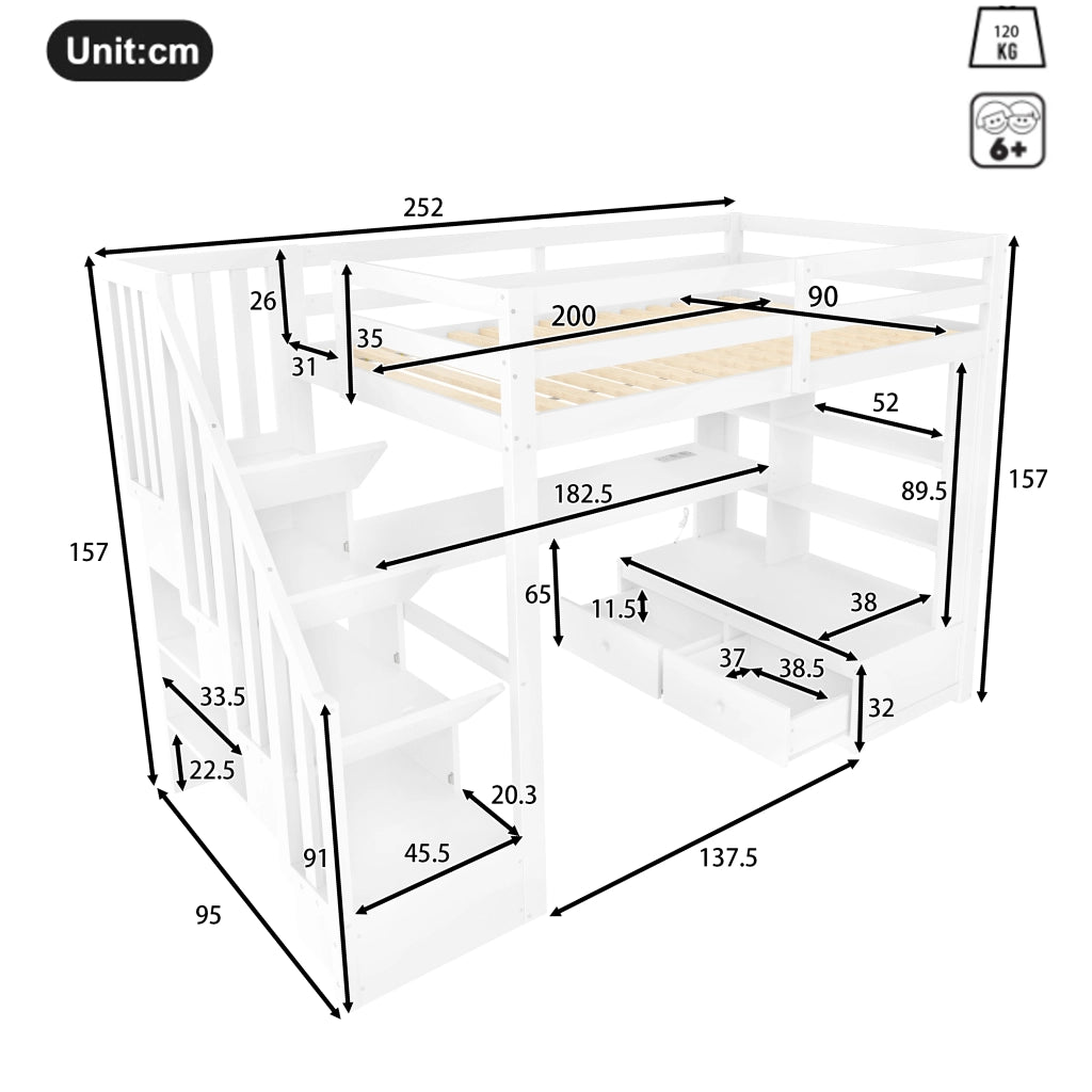 LETTO a soppalco con scrivania, ripiani e 2 cassetti 90x200 cm bianco