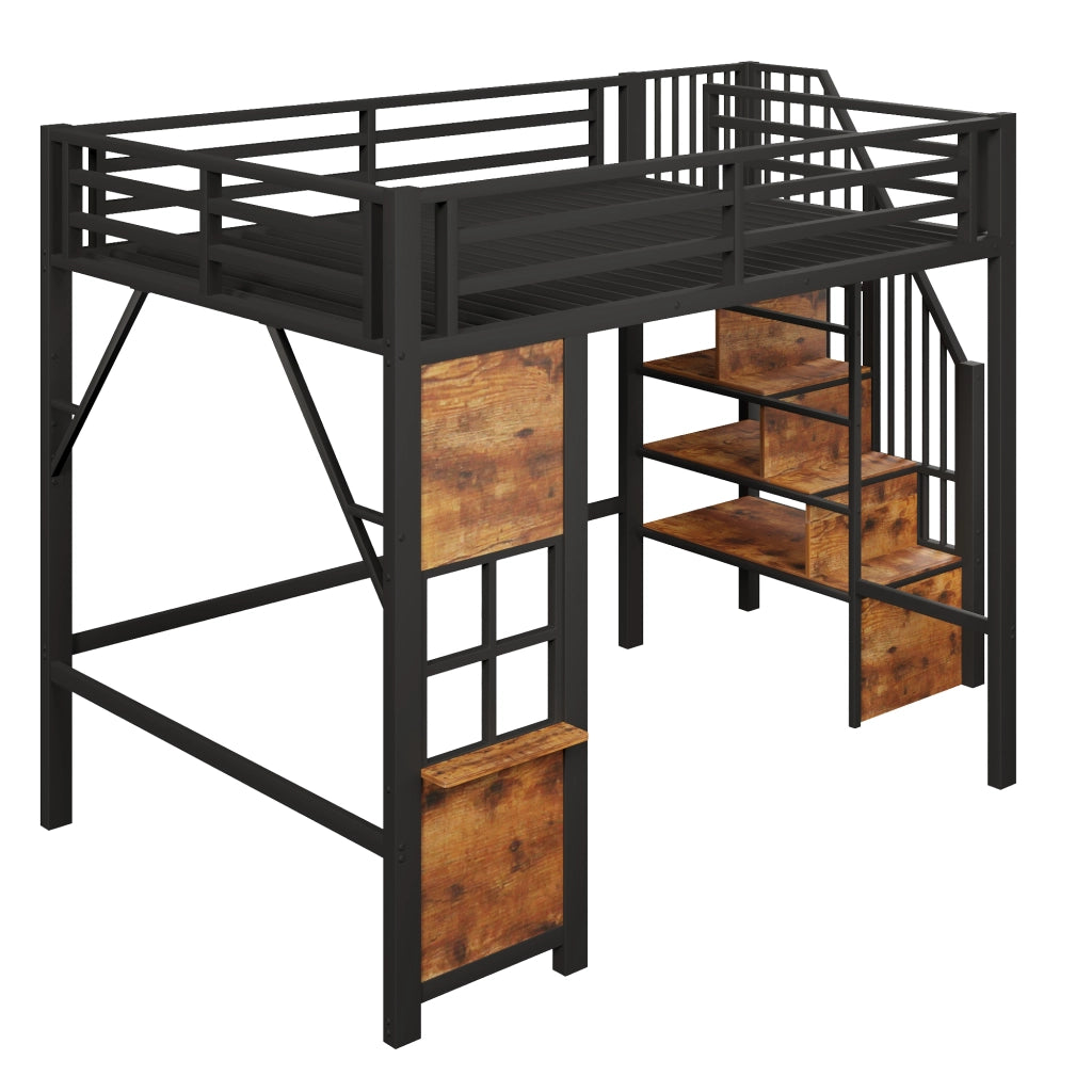 Letto a Soppalco 140x200 cm, con scala contenitore e ripiano laterale in MDF, nero