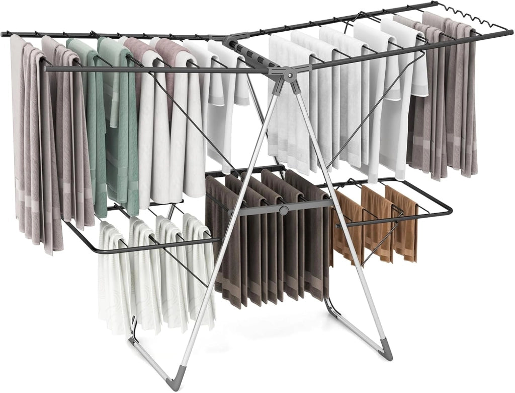 Stendibiancheria pieghevole a 2 livelli, stendibiancheria pieghevole con ali regolabili(75-130 cm), 33 bar, clip utili; telaio in acciaio, essiccatore su piedistallo per interni esterni