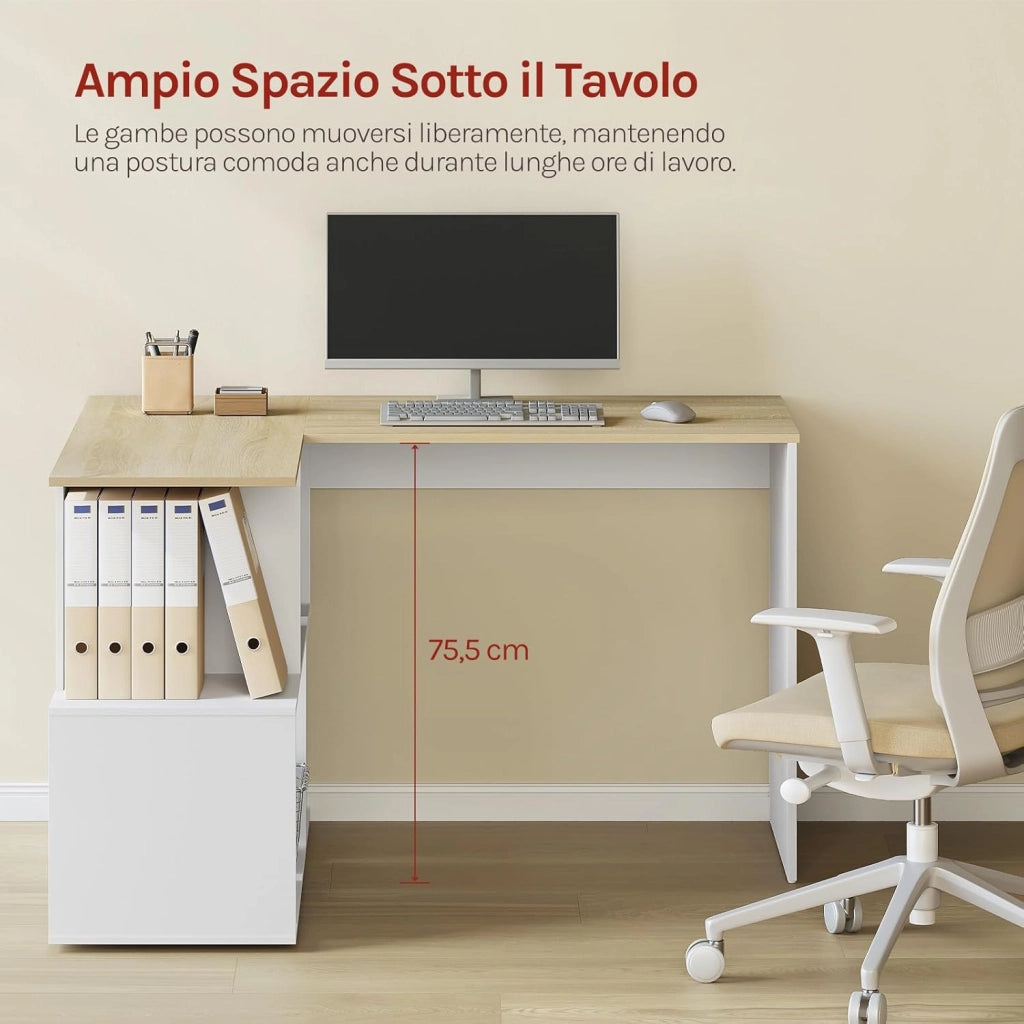 Scrivania Angolare, 120x100 cm Scrivania a Forma di L con Libreria, Bianco+Rovere Chiaro, Scrivania Ufficio per Computer, Tavolo da Lavoro, Studio and Soggiorno