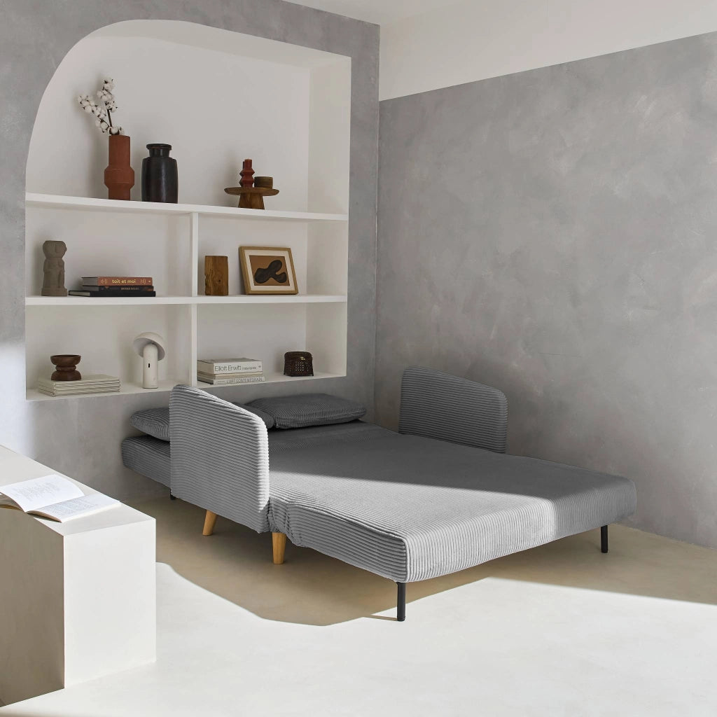 Divano letto in velluto a coste con gambe in legno, 2 posti, grigio