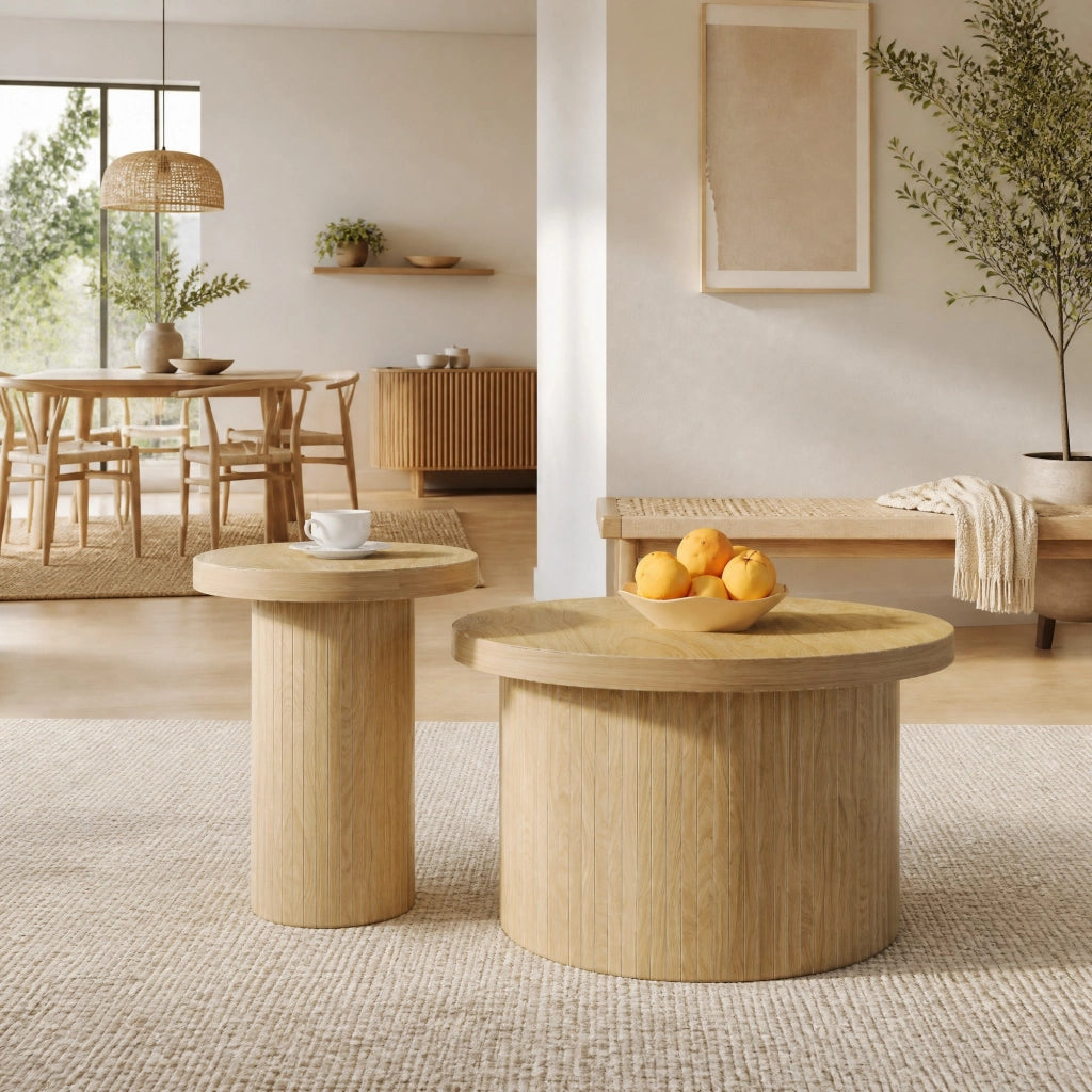 Set di 2 tavolini rotondi in MDF effetto legno naturale