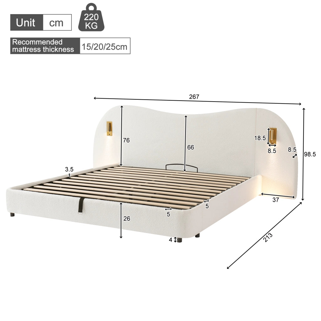 Letto imbottito con contenitore idraulico, USB e lampada, 180x200 cm, bianco bouclé